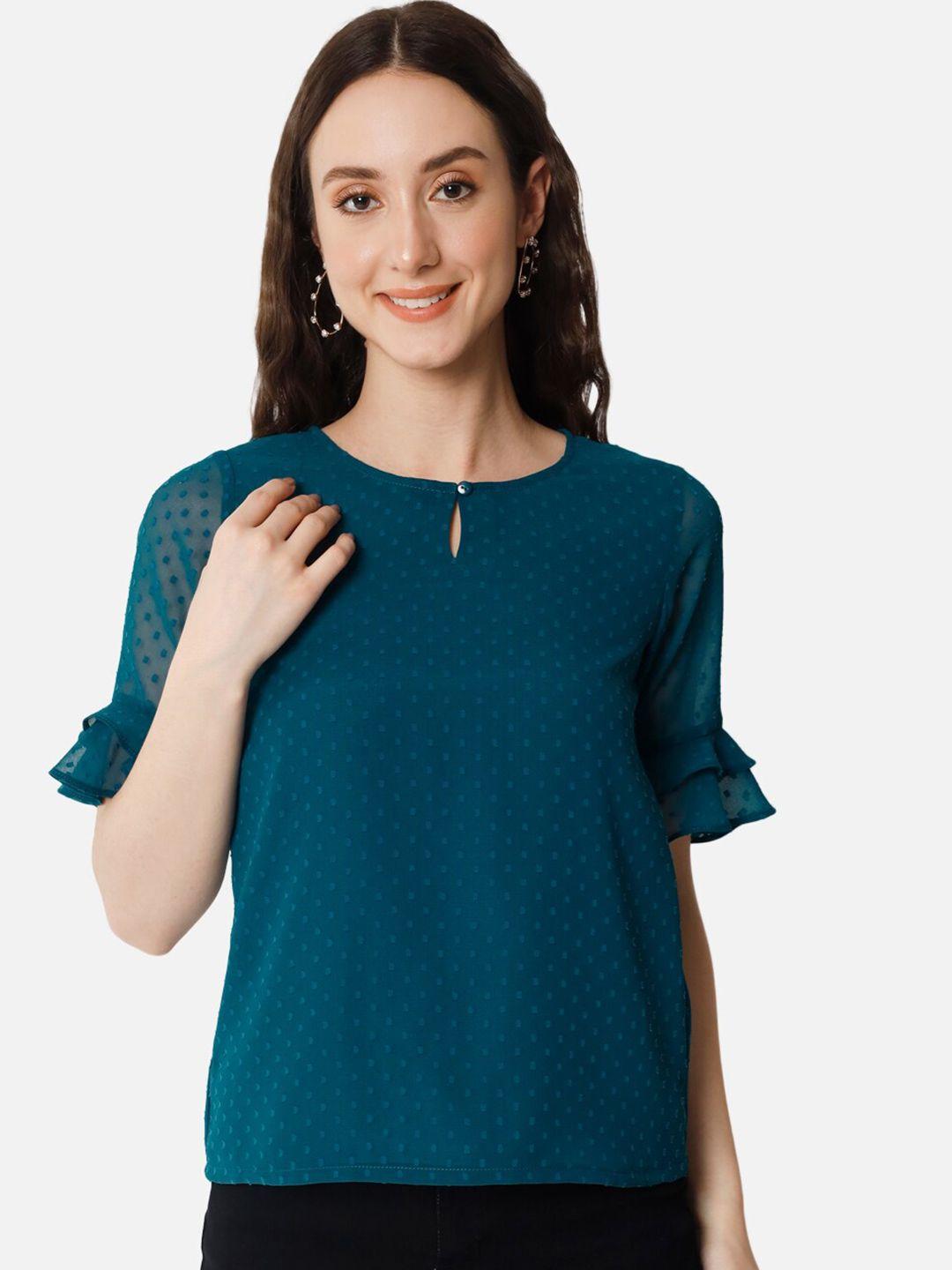 baesd blue keyhole neck bell sleeve georgette top