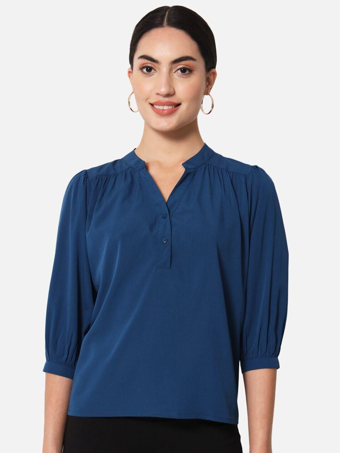 baesd blue mandarin collar flared sleeve crepe top