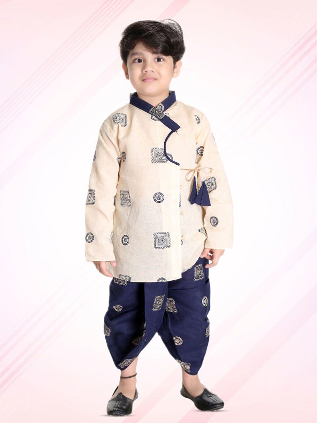 baesd boys beige printed regular pure cotton kurta with dhoti pants