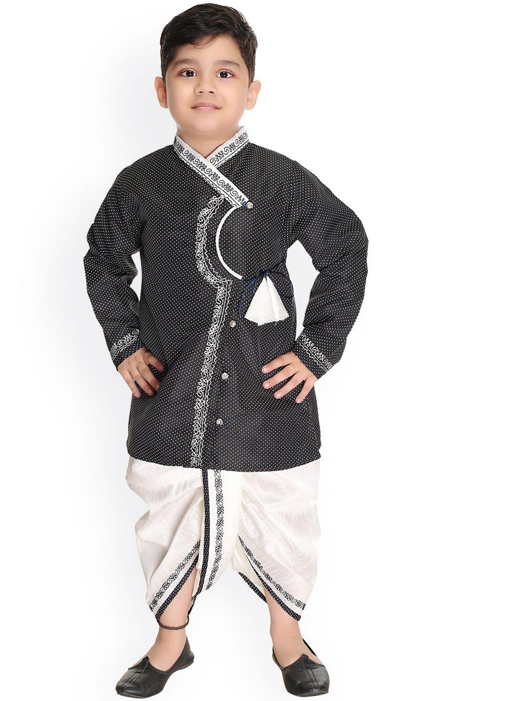 baesd boys black ethnic motifs printed angrakha pure cotton kurta with dhoti pants