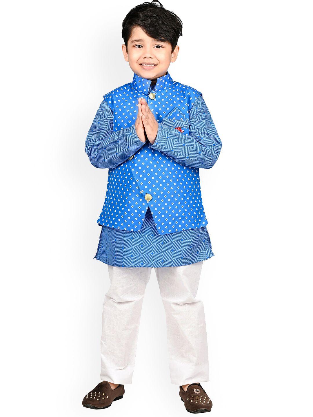 baesd boys blue printed layered kurta with pyjamas & nehru jacket