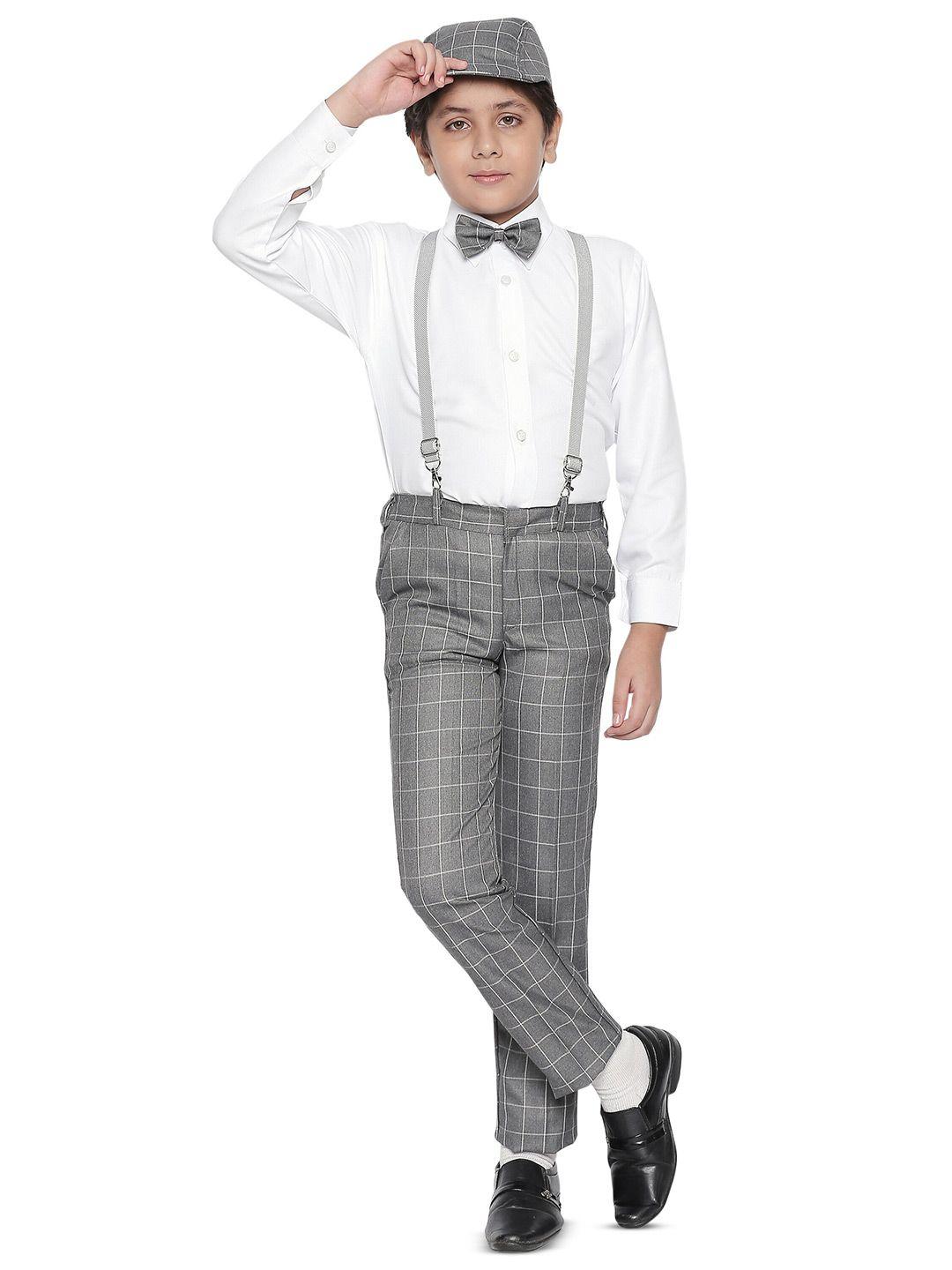 baesd boys checked  shirt & trousers with bow, cap & suspenders