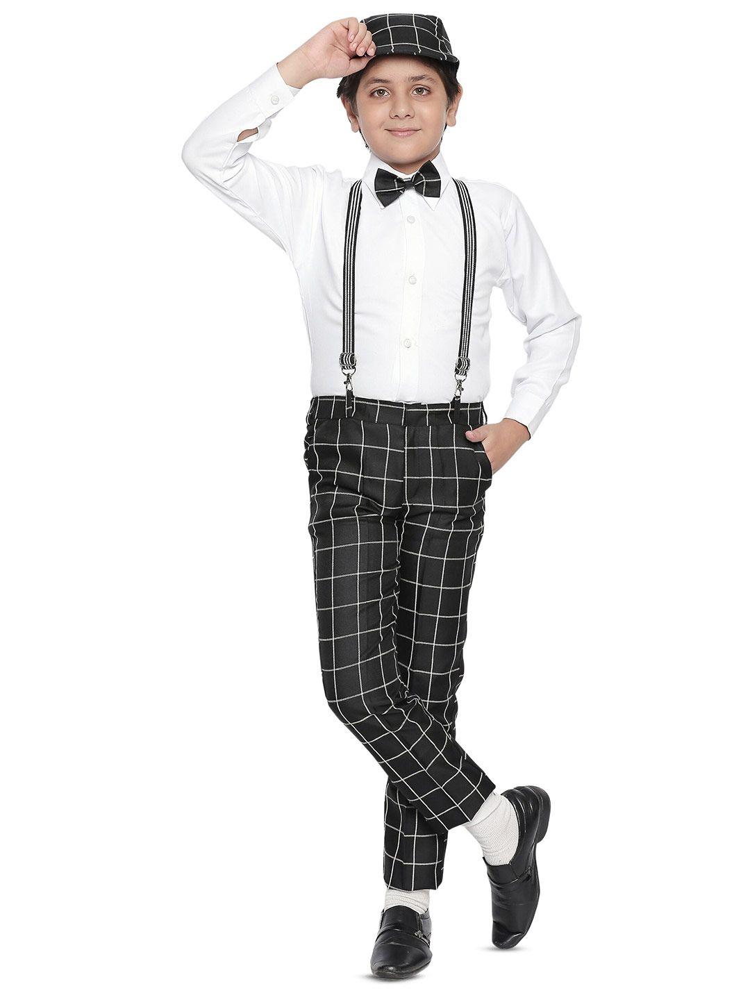 baesd boys checked shirt & trousers with bow, cap & suspenders