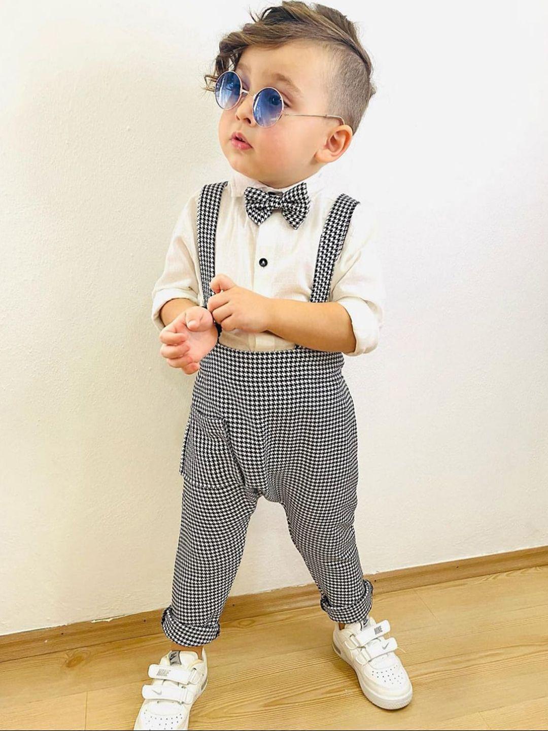 baesd boys checked slim fit dungaree with shirt and bow tie