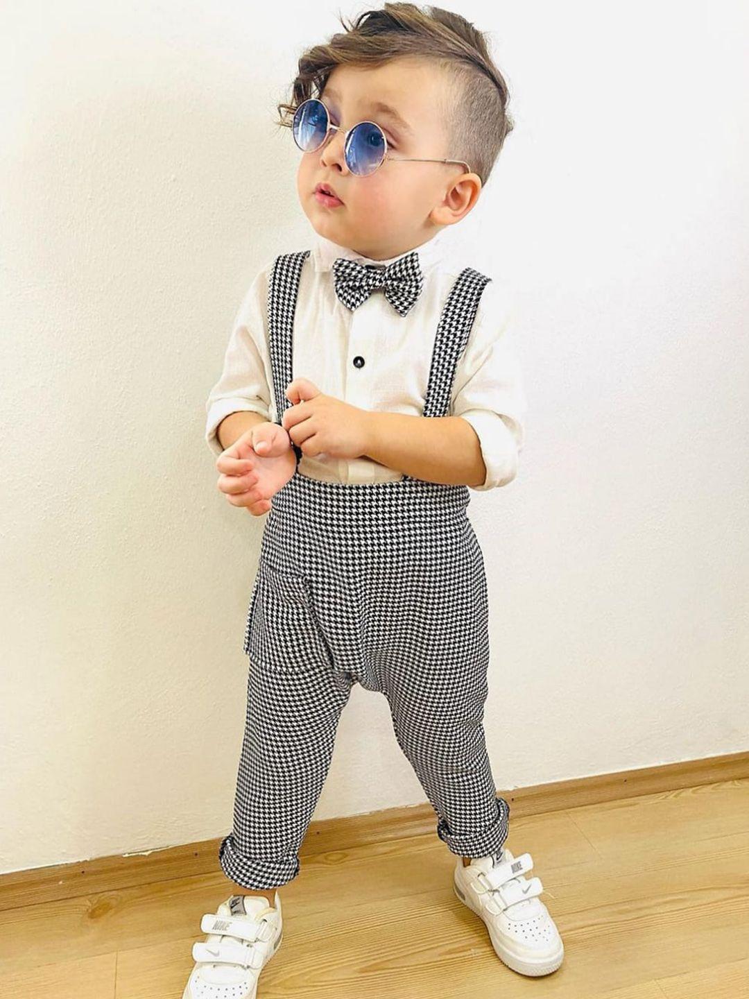 baesd boys checked slim fit dungaree with shirt and bow tie