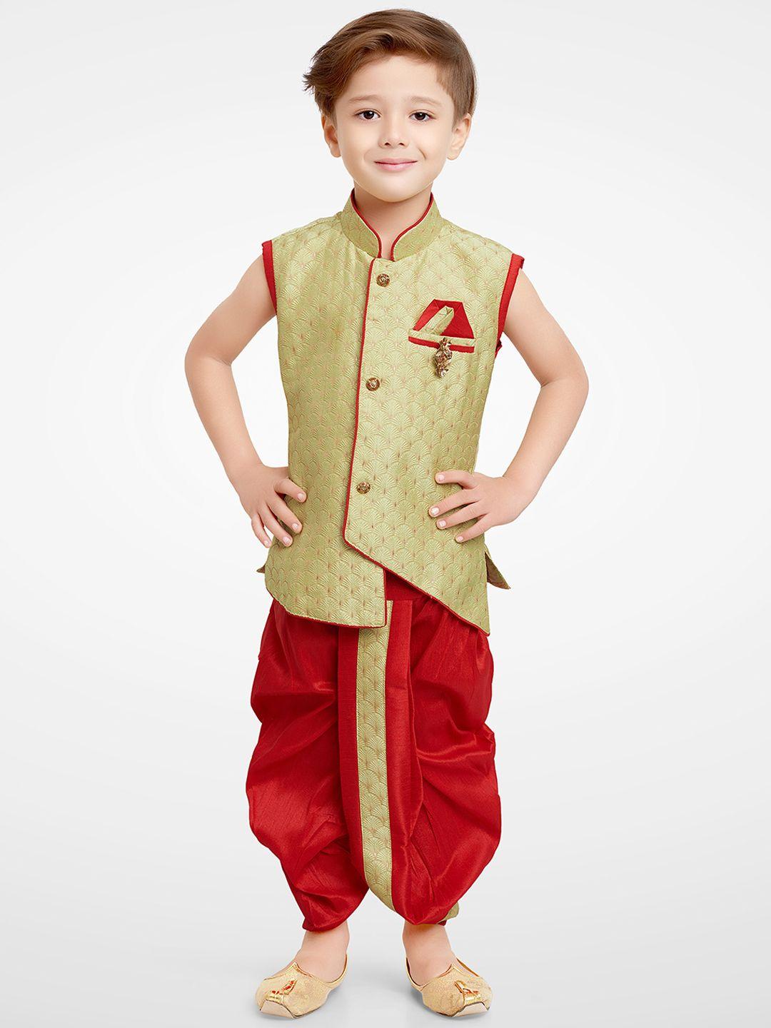 baesd boys ethnic motif woven design regular asymmetric silk cotton kurta with dhoti pants