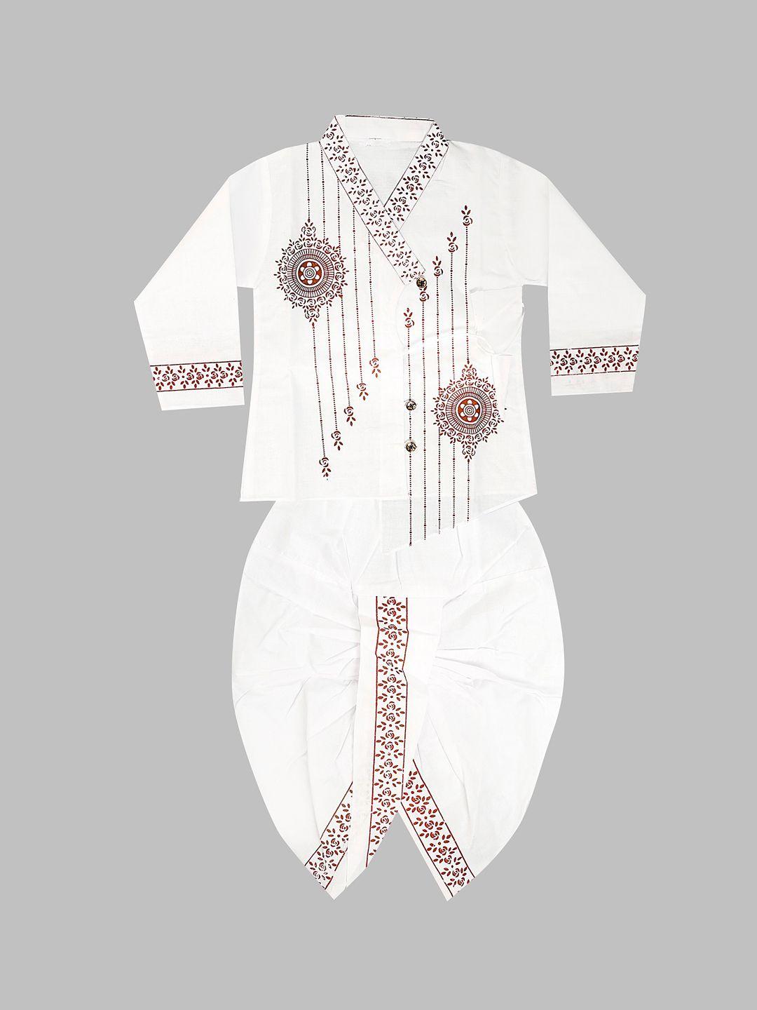 baesd boys ethnic motifs printed v-neck white romance a-line angrakha kurta with pyjamas