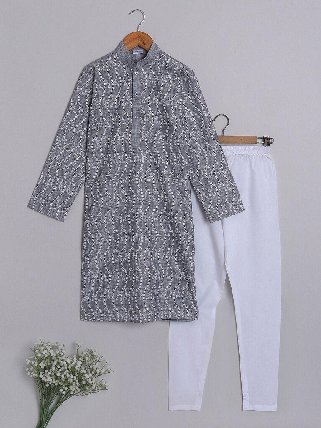 baesd boys floral embroidered regular chikankari pure cotton kurta with pyjamas