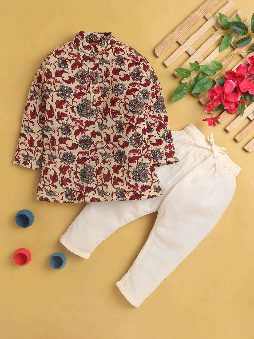 baesd boys floral printed mandarin collar kurta with pyjamas