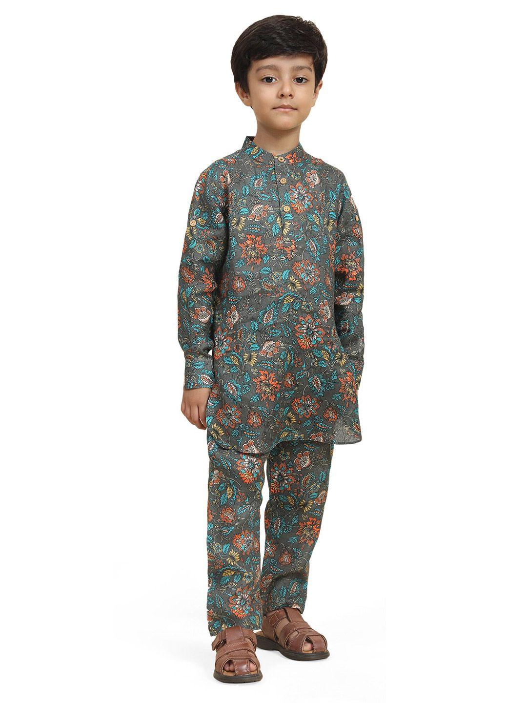 baesd boys floral printed mandarin collar linen straight kurta with pyjama
