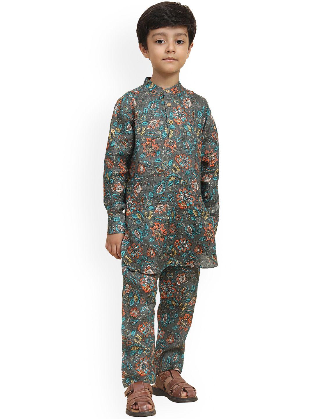 baesd boys floral printed mandarin collar long sleeves  linen kurta with pyjamas