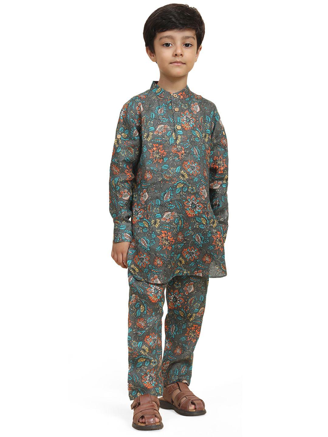 baesd boys floral printed straight linen kurta with pyjama