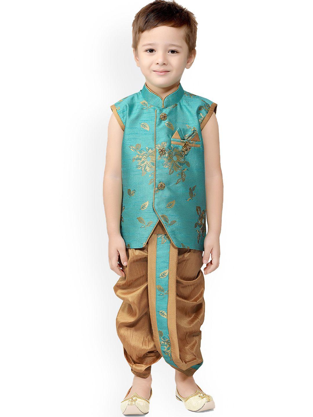 baesd boys floral woven design silk cotton straight kurta with dhoti pants