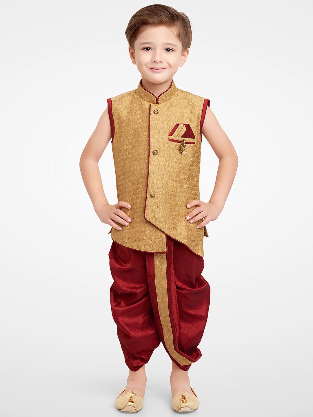 baesd boys floral woven design silk cotton straight kurta with dhoti pants