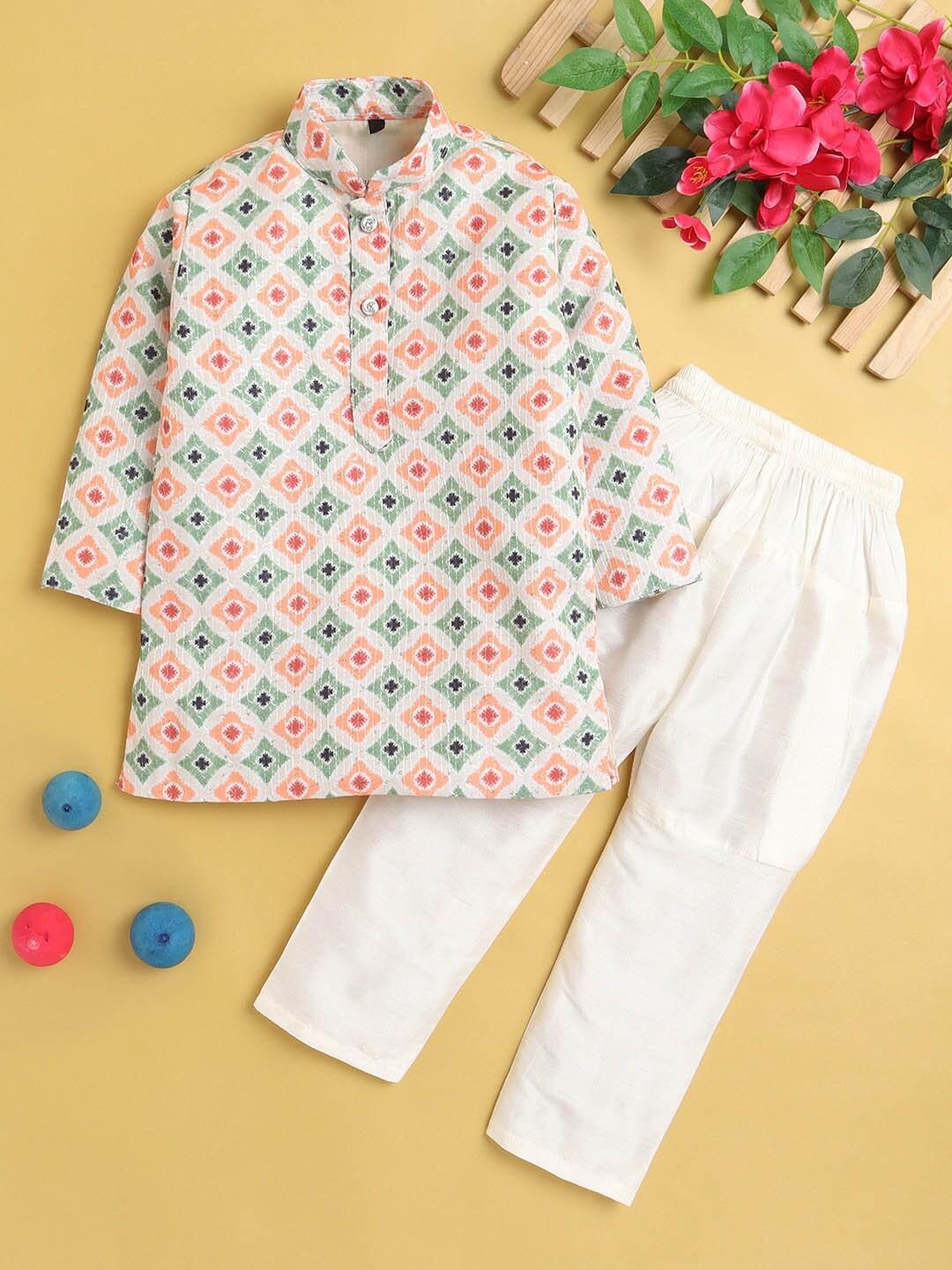 baesd boys geometric printed mandarin collar regular kurta with pyjamas