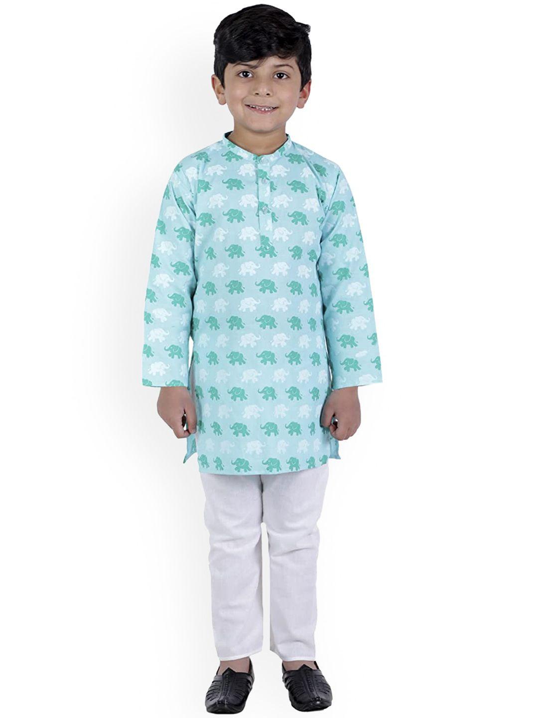 baesd boys green floral printed regular thread work kurta with pyjamas