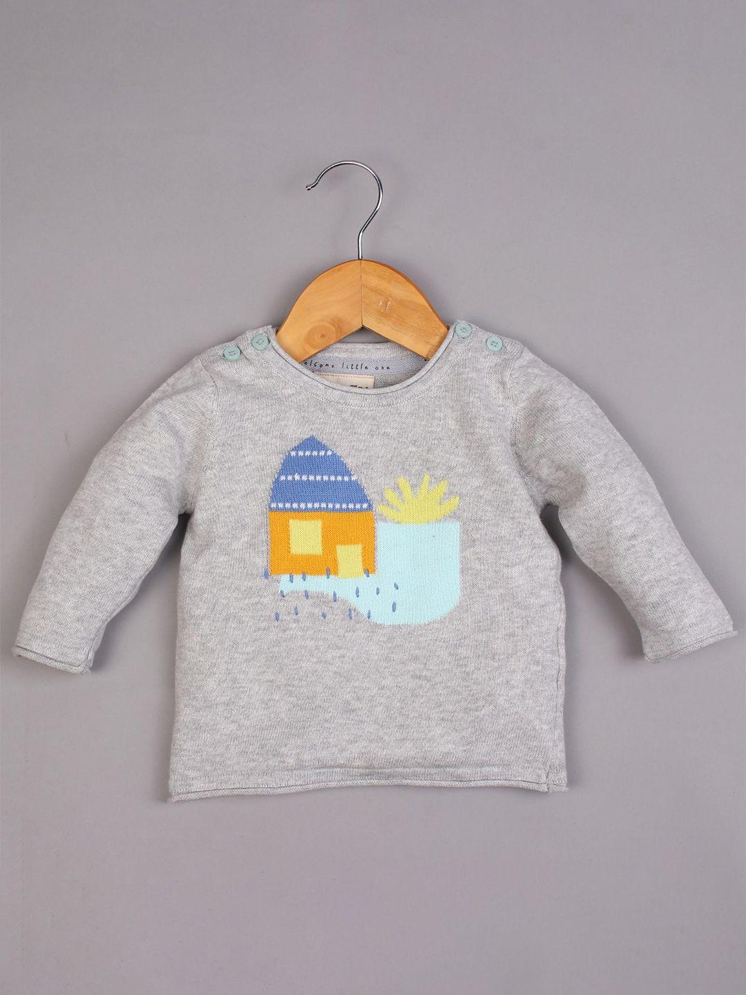 baesd boys grey & blue embroidered woollen pullover with embroidered detail