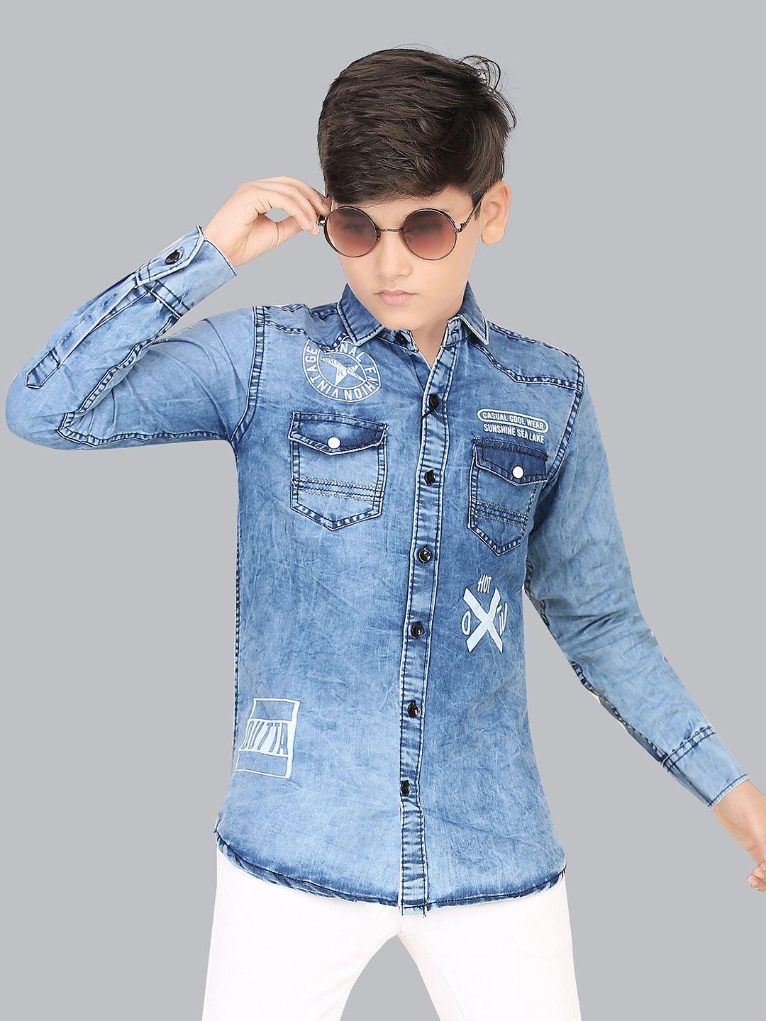 baesd boys india slim faded spread collar denim casual shirt