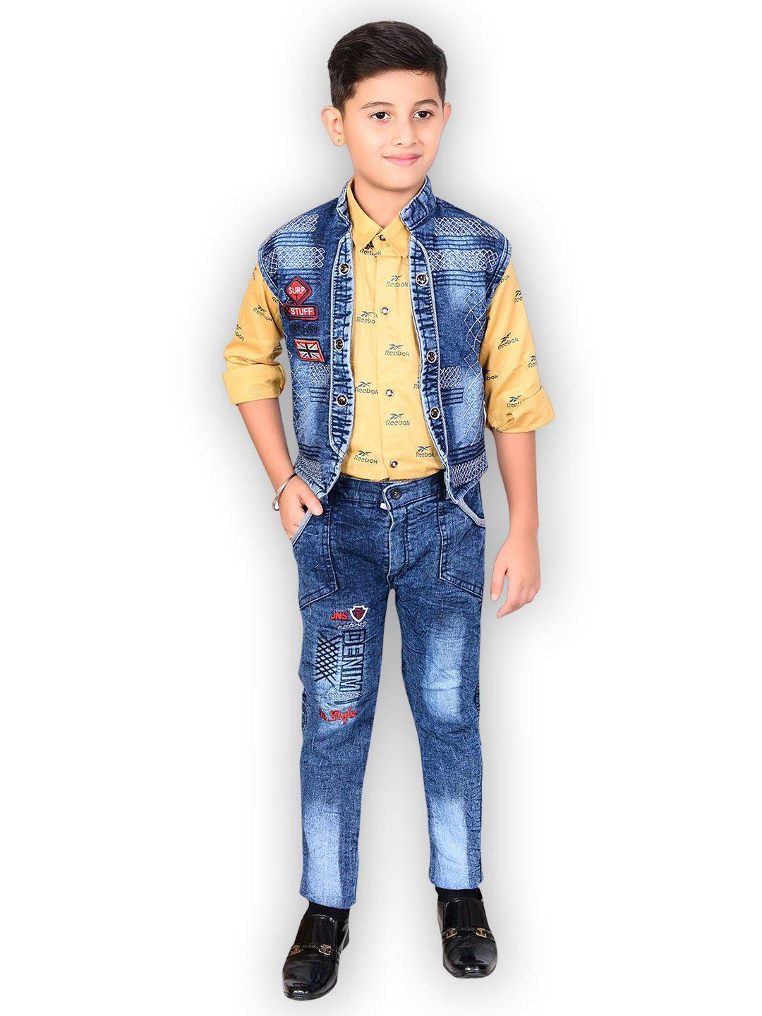 baesd boys mustard & blue printed shirt with trousers
