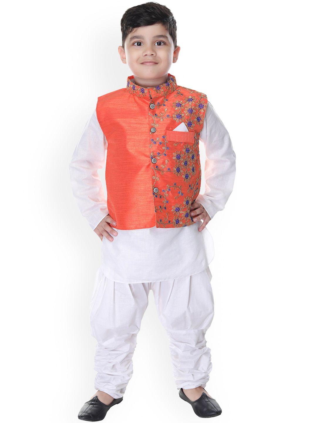 baesd boys orange floral regular thread work kurta with dhoti pants