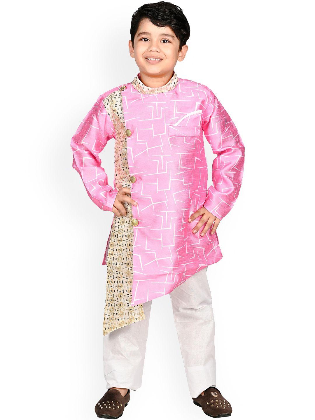 baesd boys pink printed panelled sequinned kurta with pyjamas