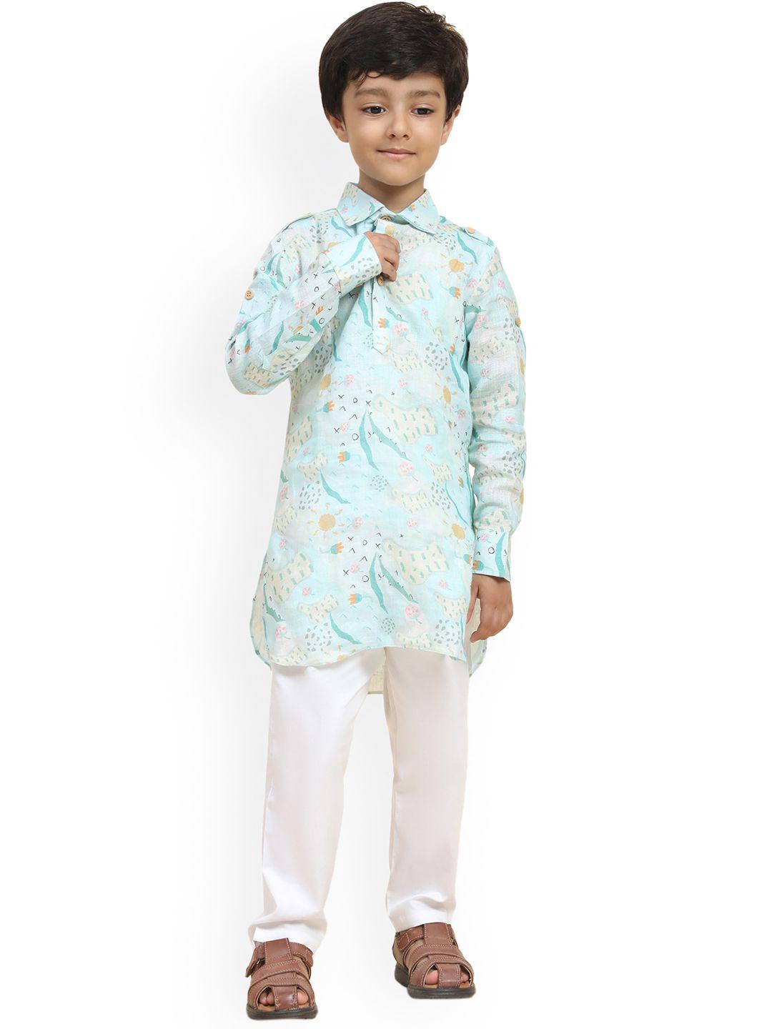 baesd boys printed cuffed sleeves regular pure linen kurta with pyjamas