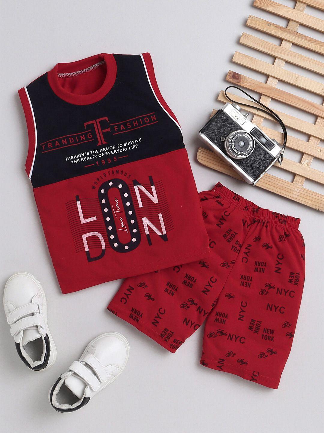 baesd boys red & black printed t-shirt with shorts