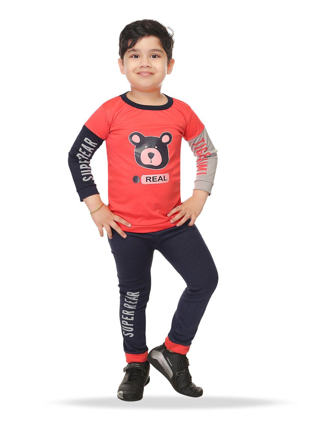 baesd boys red & navy blue printed t-shirt with trousers