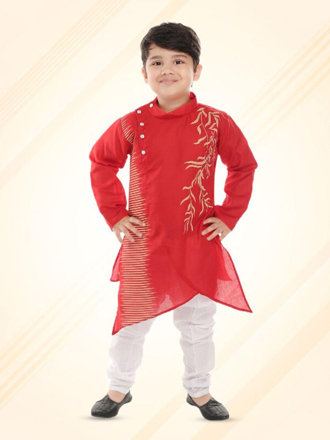 baesd boys red floral embroidered angrakha thread work pure cotton kurta with churidar