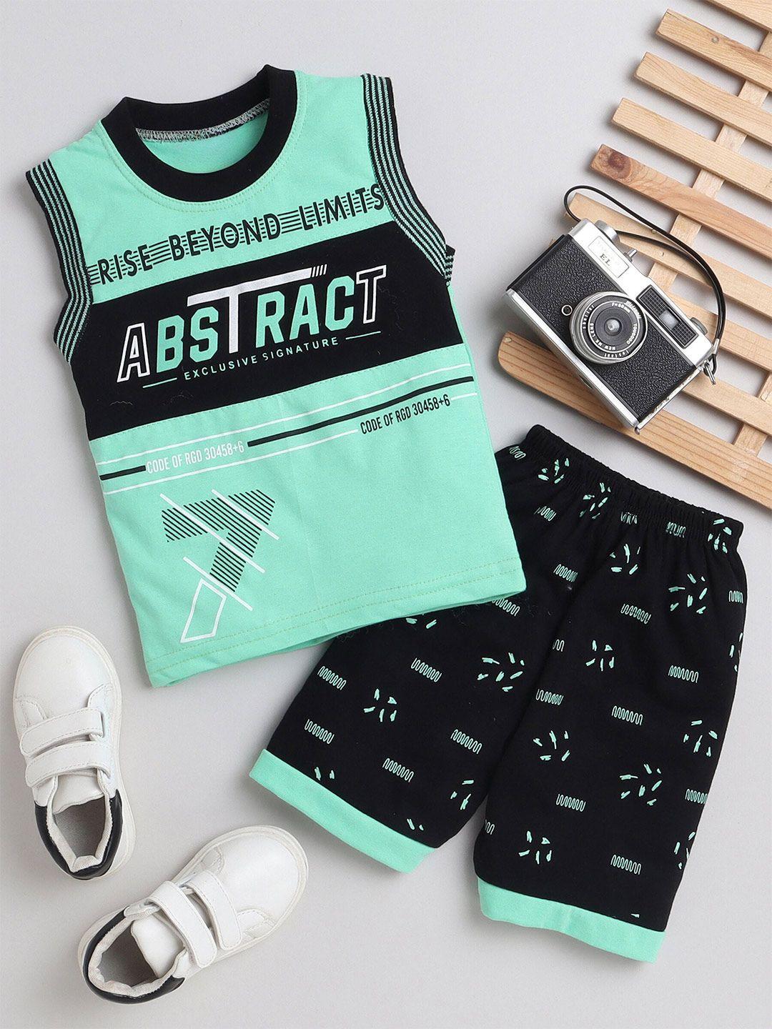 baesd boys sea green & black printed t-shirt with shorts