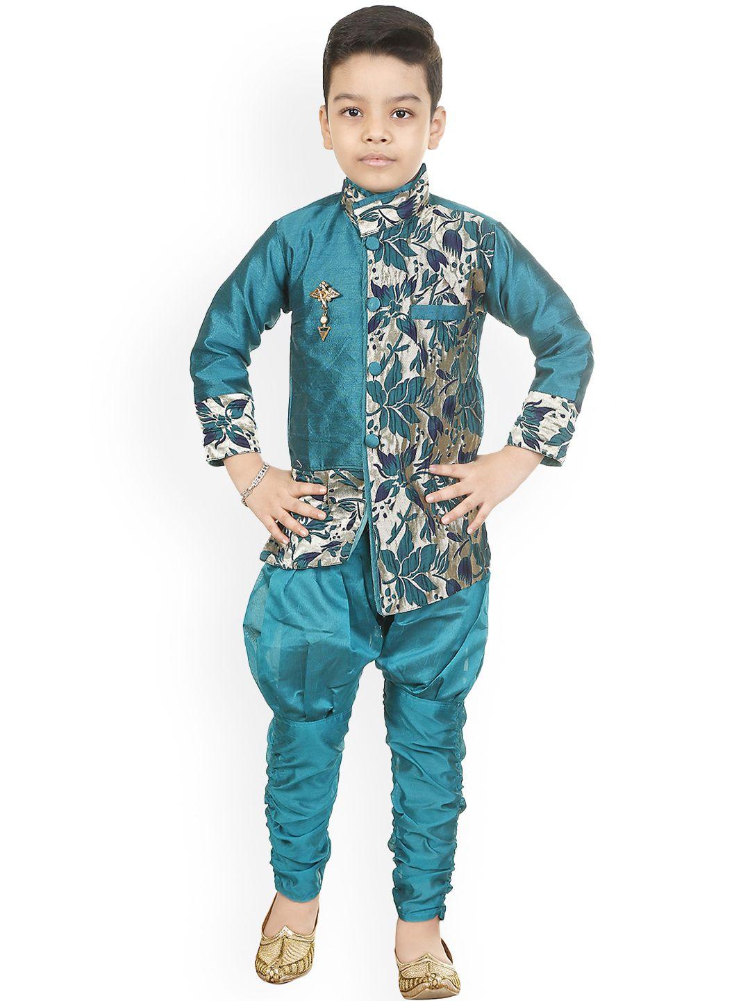 baesd boys self designed mandarin collar art silk asymmetric kurta & churidar