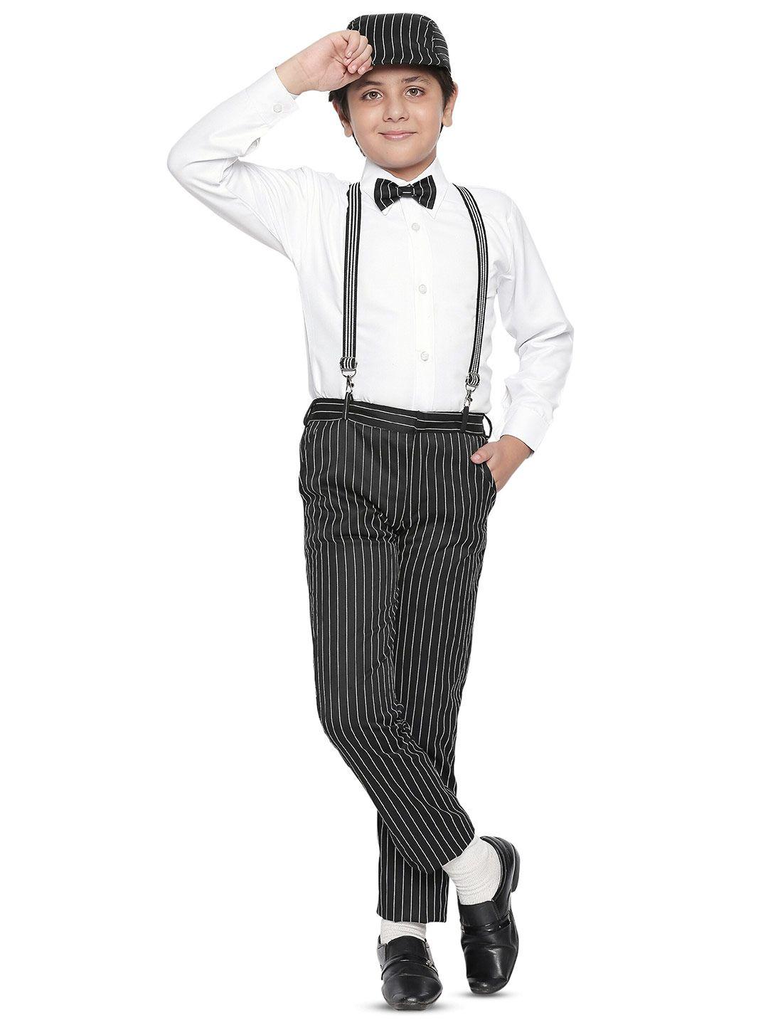 baesd boys striped shirt & trousers with bow, cap & suspenders