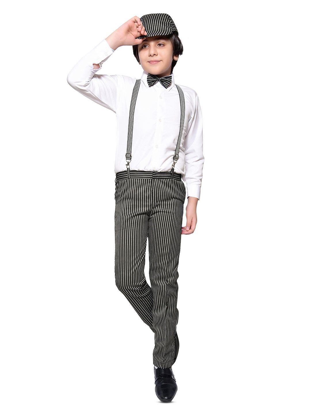 baesd boys striped shirt & trousers with bow, cap & suspenders