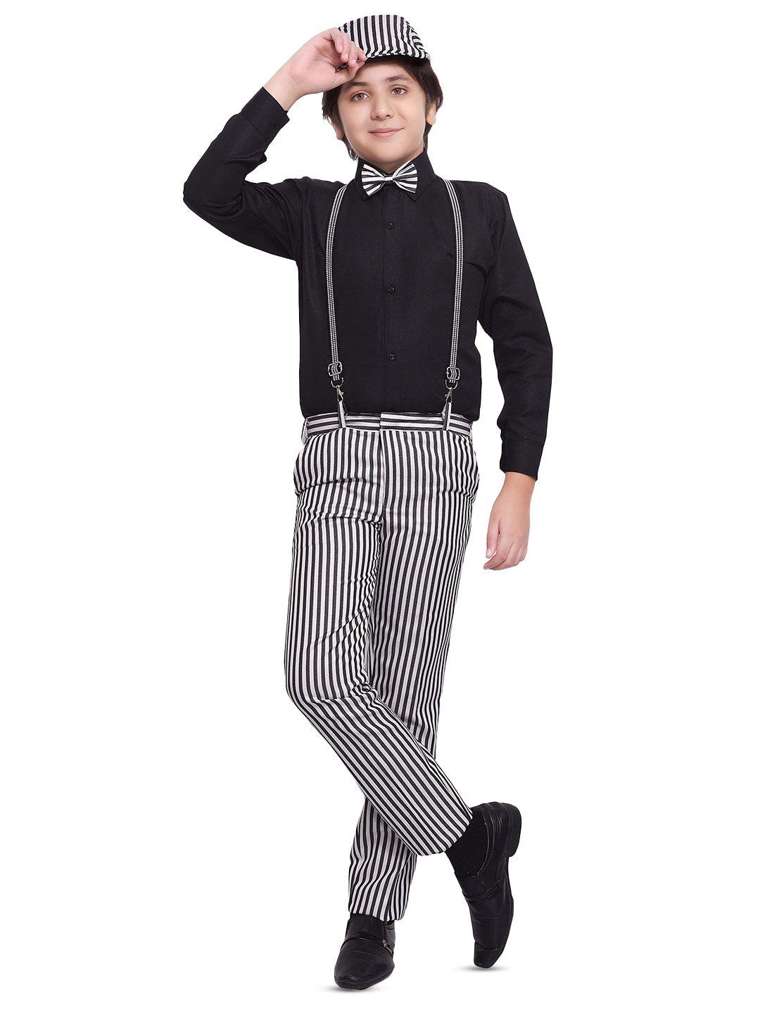 baesd boys striped shirt & trousers with bow, cap & suspenders