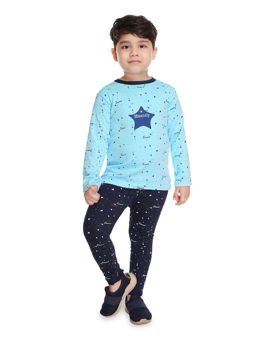 baesd boys turquoise blue & blue printed t-shirt with trousers