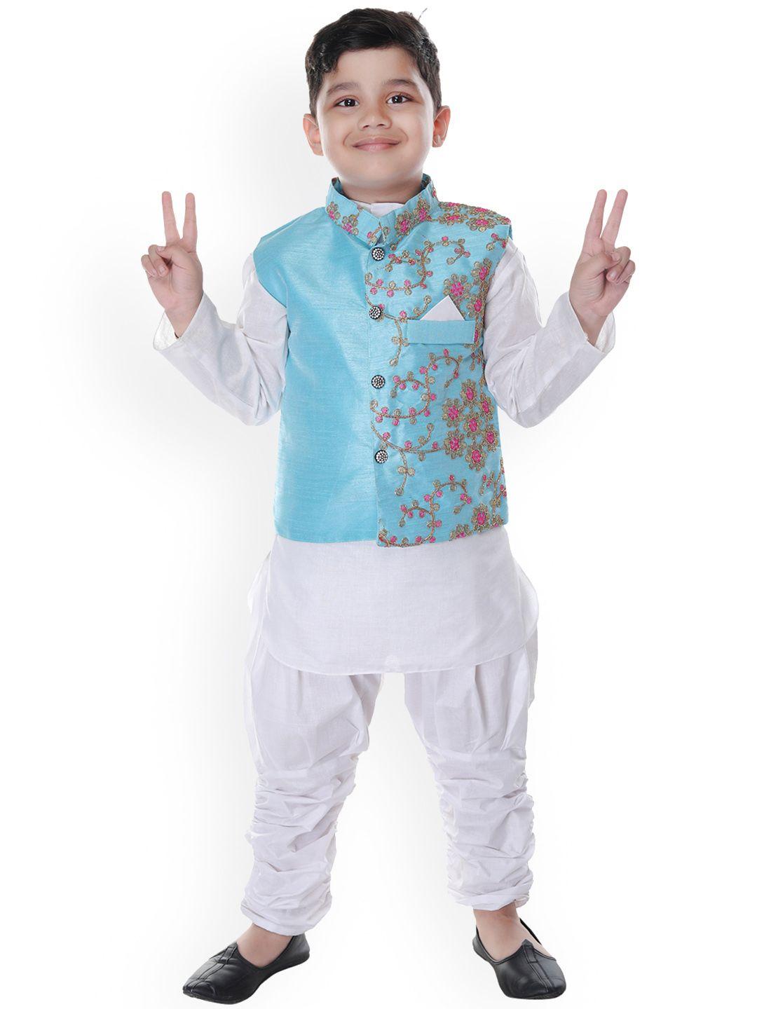 baesd boys turquoise blue floral embroidered regular kurta with dhoti pants