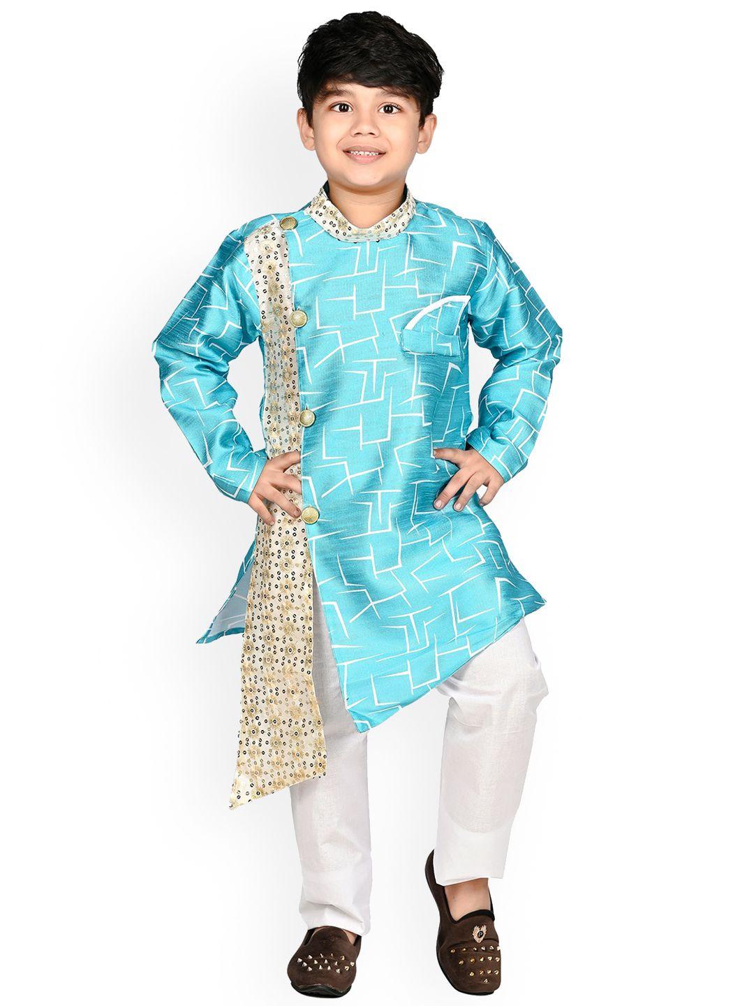 baesd boys turquoise blue printed regular kurta with pyjamas