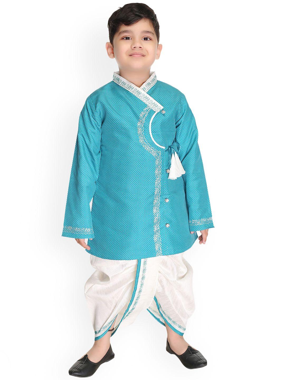 baesd boys turquoise blue regular pure cotton kurta with dhoti pants
