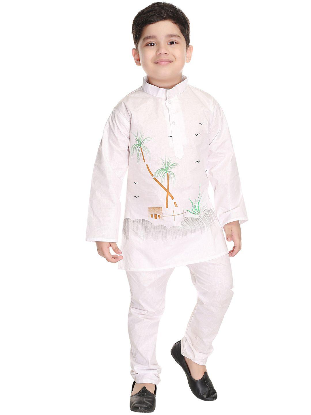baesd boys white floral printed regular pure cotton kurta with pyjamas