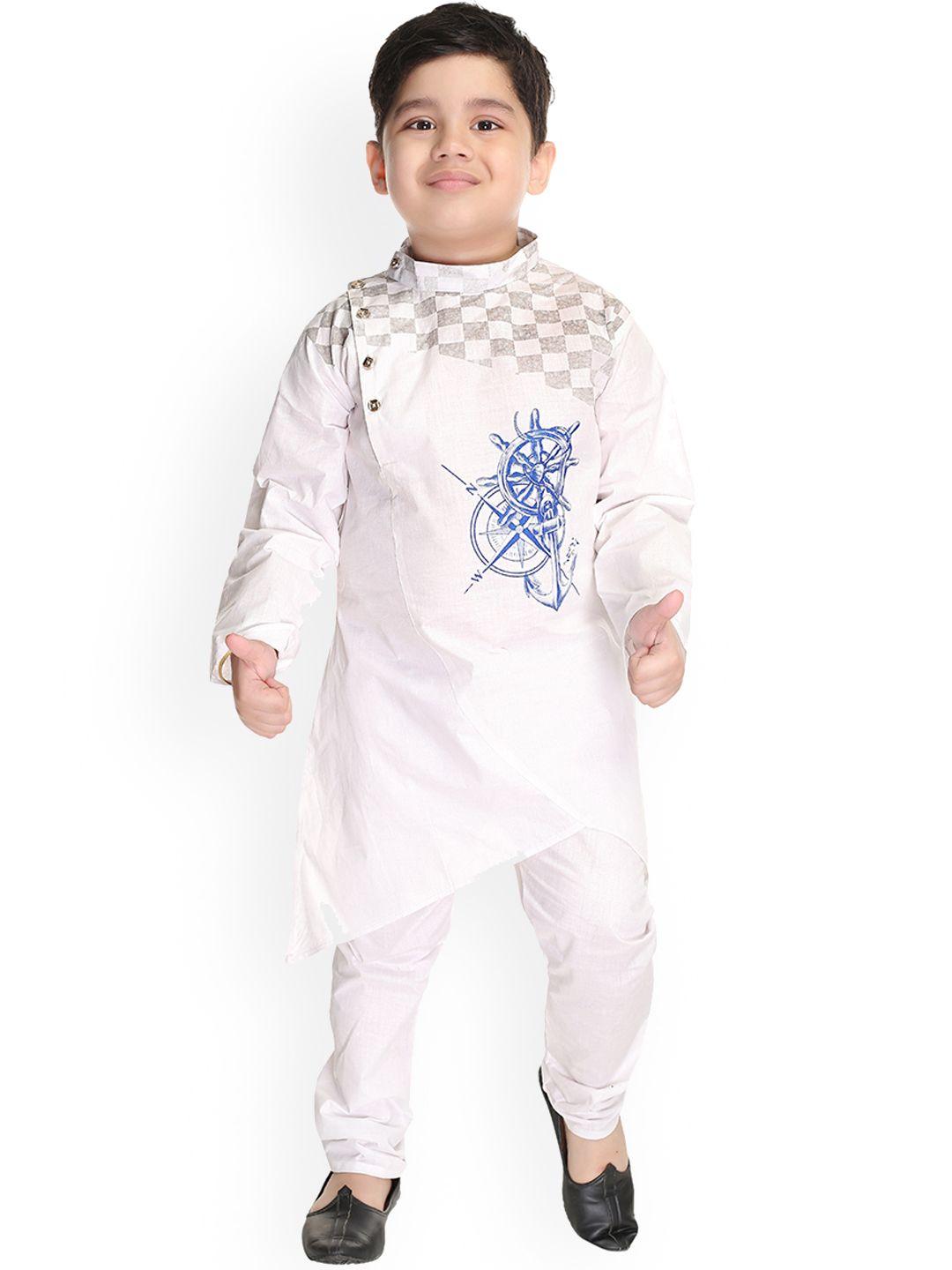 baesd boys white printed angrakha pure cotton kurta with pyjamas