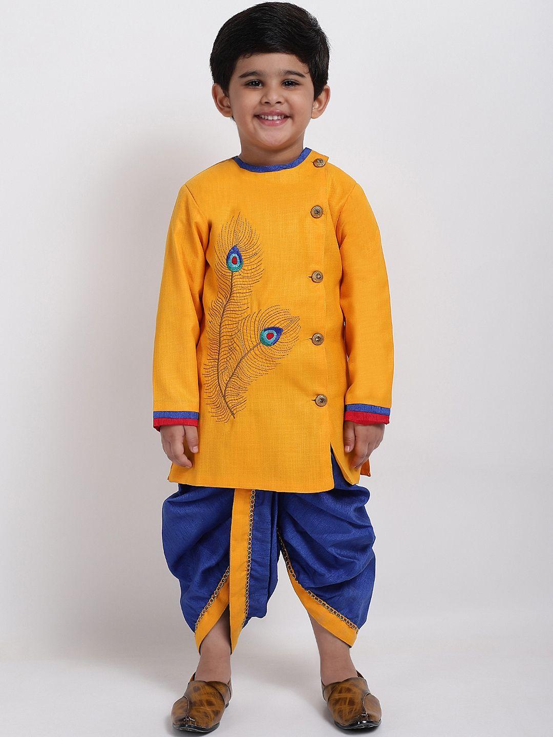 baesd boys yellow floral embroidered angrakha pure cotton kurta with dhoti pants