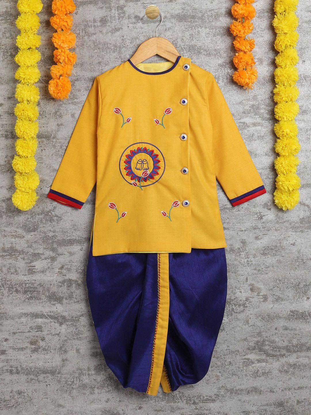 baesd boys yellow floral embroidered angrakha thread work pure cotton kurta with dhoti pants