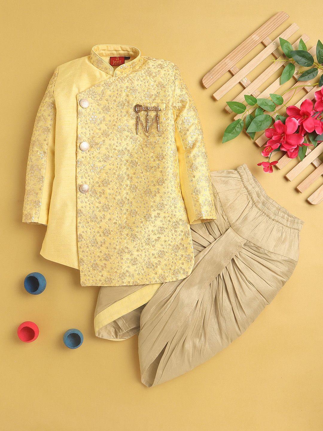 baesd boys yellow floral embroidered regular thread work kurta with dhoti pants