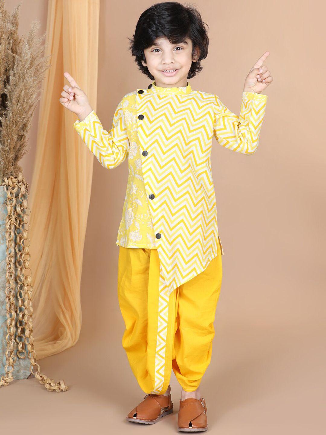 baesd boys yellow printed regular pure cotton kurta with dhoti pants