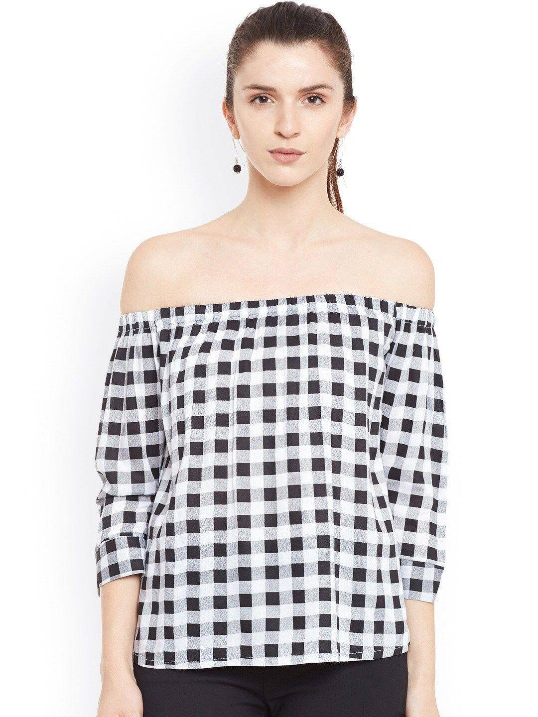 baesd checked off-shoulder cotton bardot top