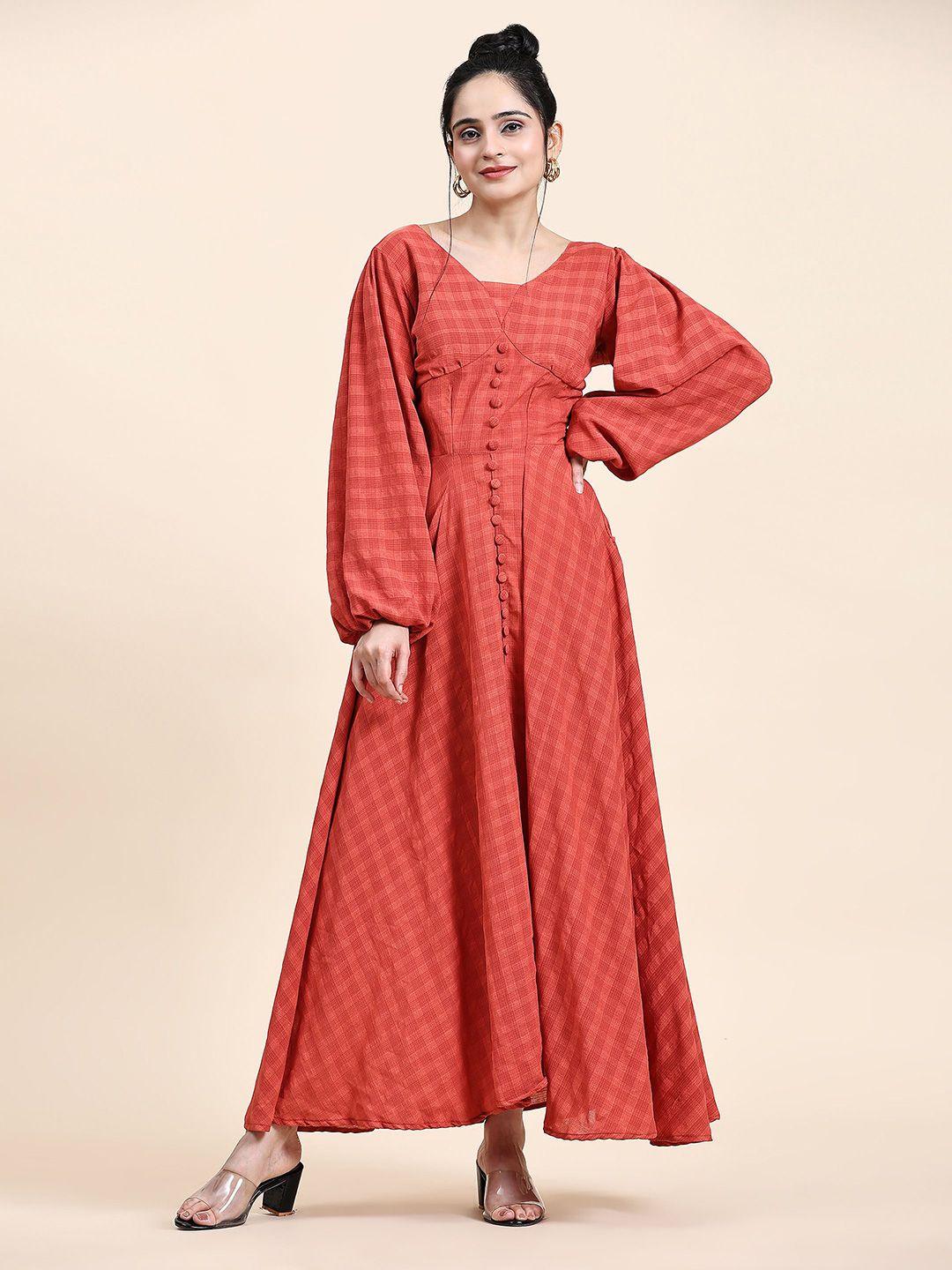 baesd checked round neck puff sleeve pure cotton maxi dress