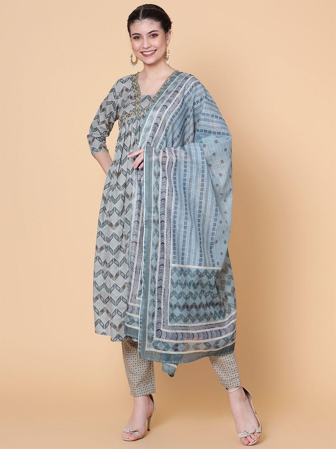 baesd chevron printed empire beads work pure cotton kurta with trousers & with dupatta
