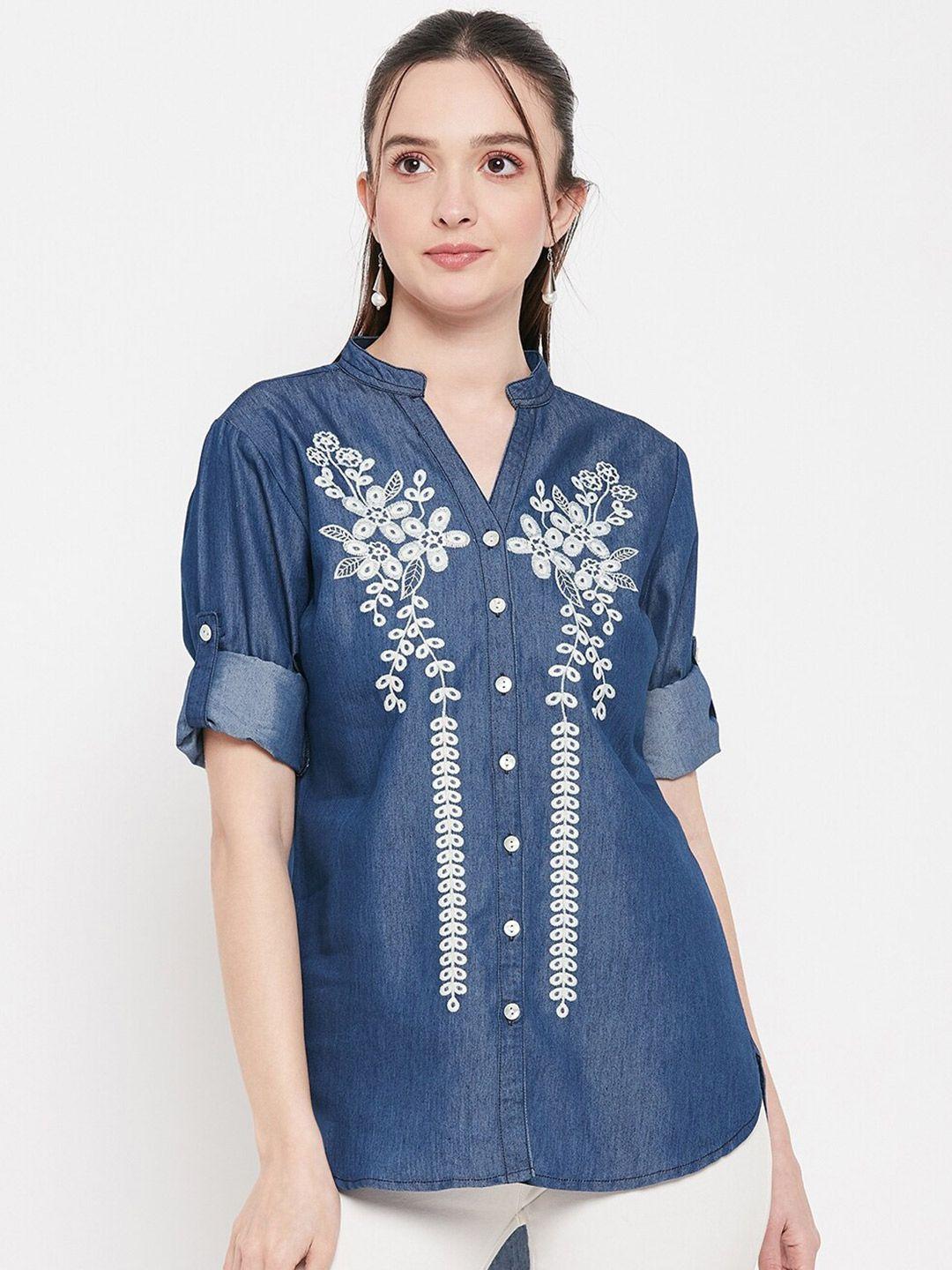 baesd classic floral embroidered regular fit denim casual shirt