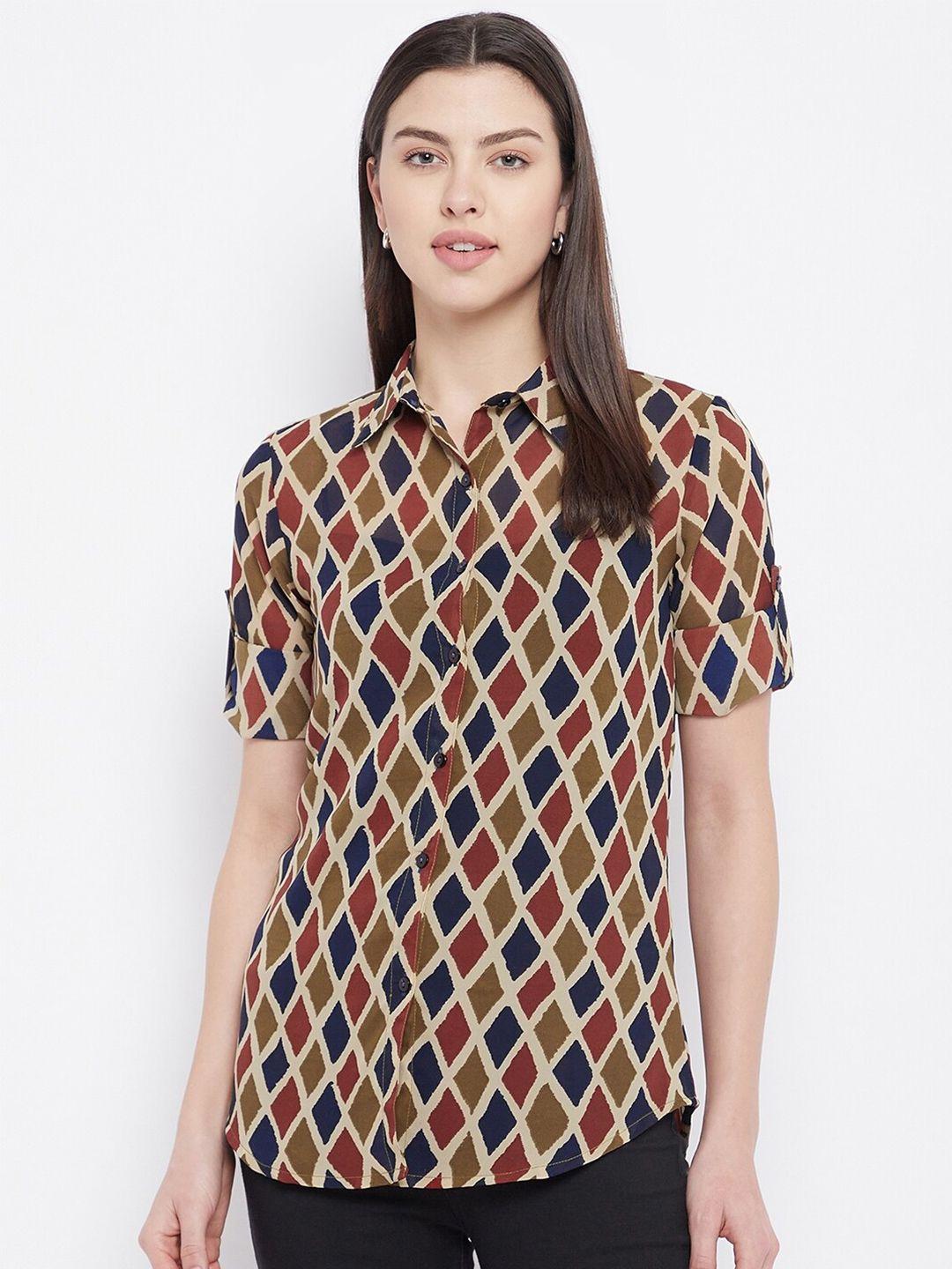 baesd classic geometric printed spread collar regular fit georgette casual shirt