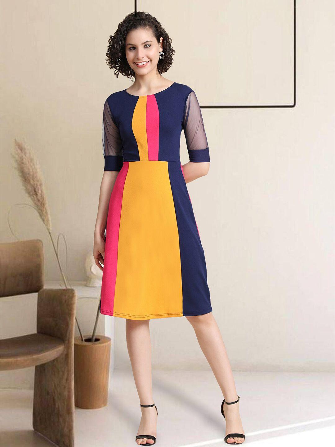 baesd colourblocked round neck short sleeves a-line dress